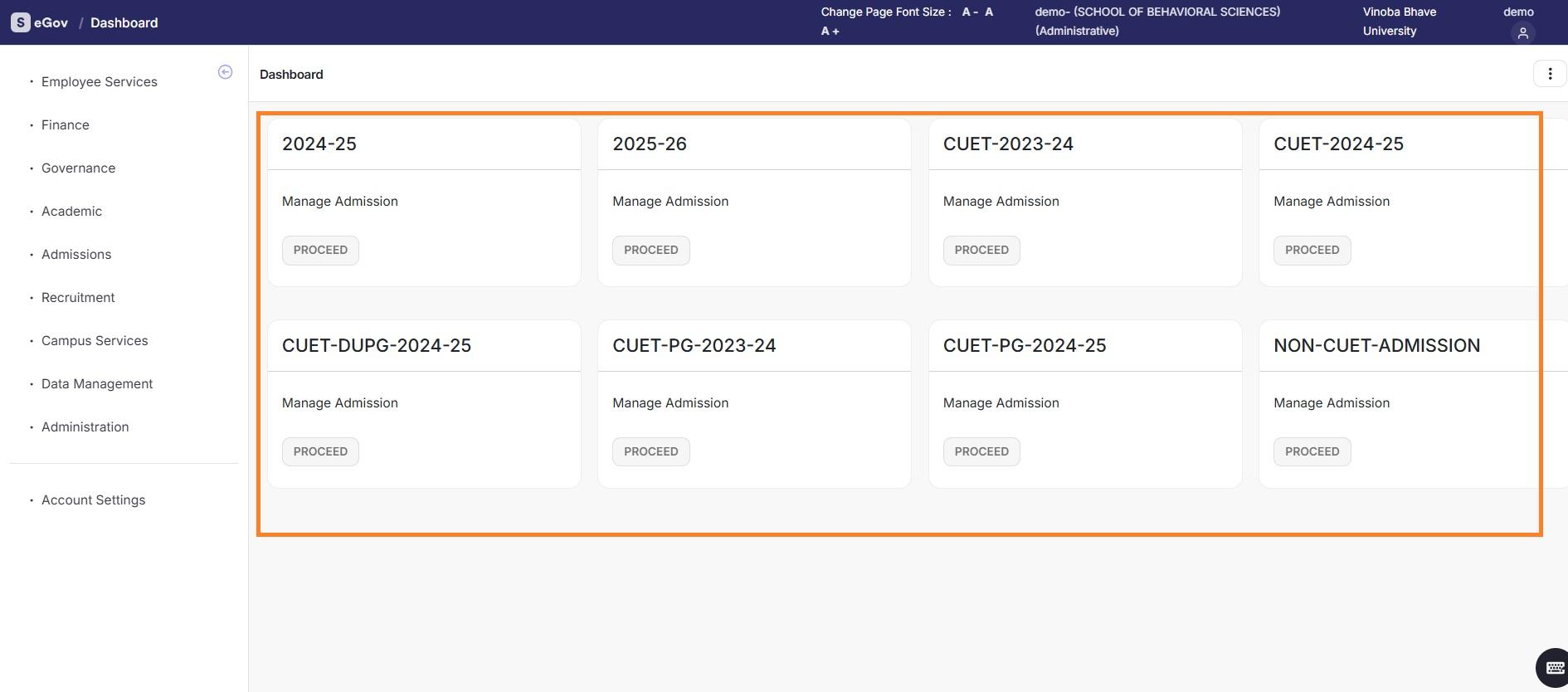 Samarth admission dashboard with manage admission cards and proceed buttons
