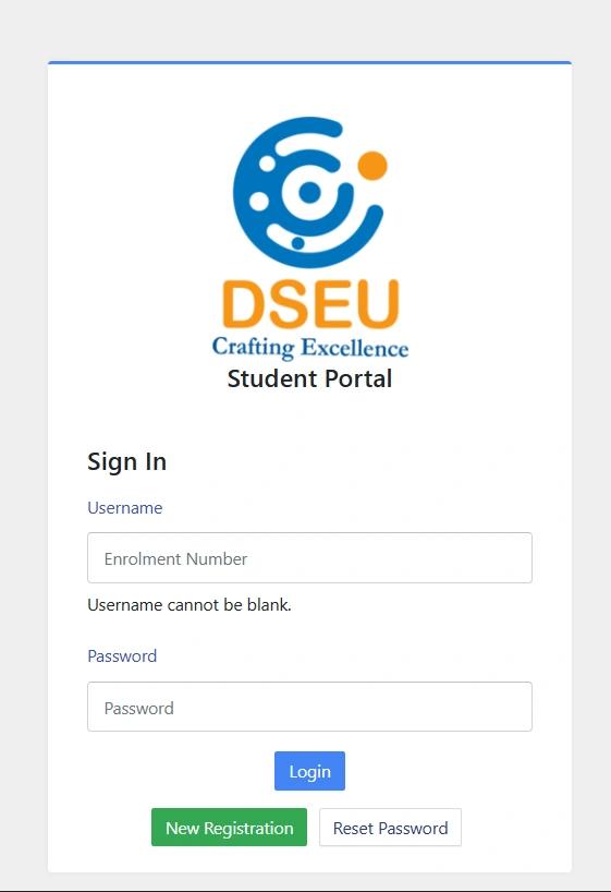 Samarth student portal login page with enrolment number password new registration and reset password options