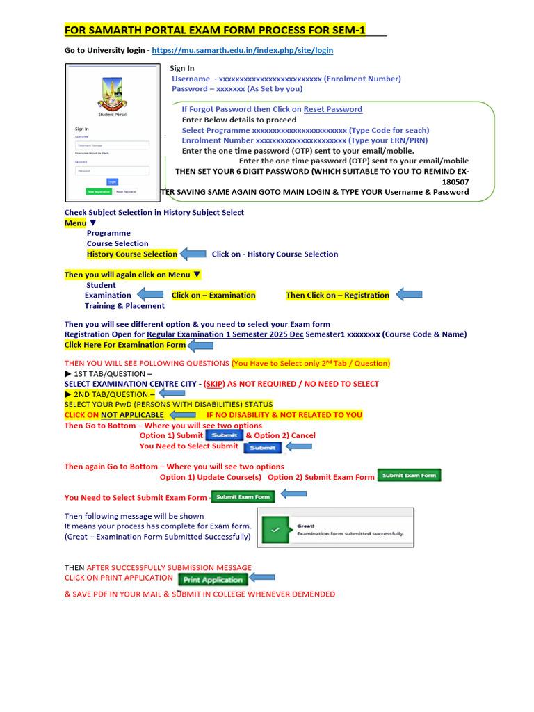Samarth portal exam form process instructions with subject selection examination menu and submit exam form steps